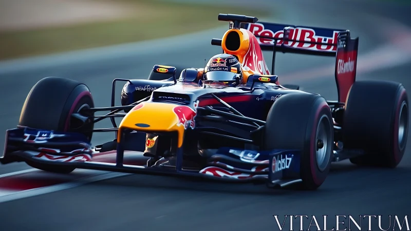 Red Bull Formula 1 car on track at high racing speed.