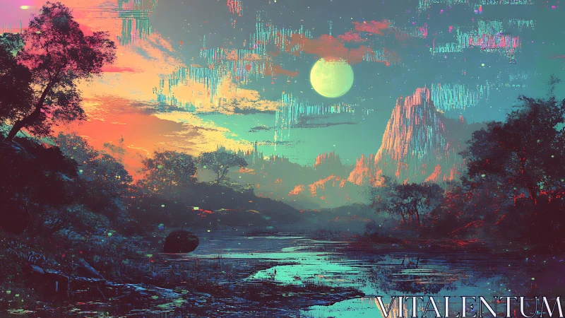 Glitched moonlight drifts above neon-soaked alien wetlands