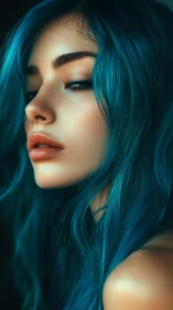 Close-up profile portrait renders teal hair with glossy skin