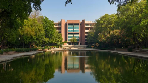 Peaceful campus building reflected in a quiet green pond.