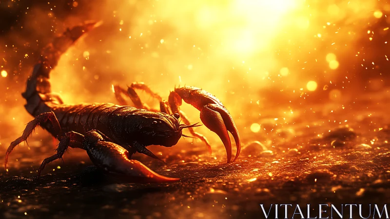 Scorpion strides through molten dusk, claws bright with fire
