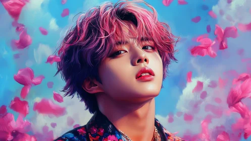 Dreamy pink-haired muse framed by floating flower petals.