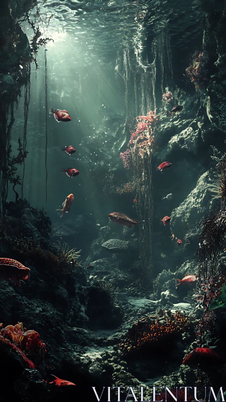 Sunlit coral ravine with schooling fish in deep teal water.