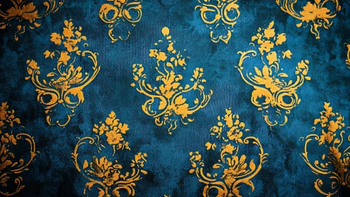 Baroque floral damask in metallic gold on teal ground.