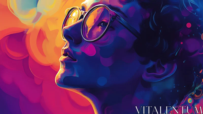 Neon dreamer gazes skyward in swirling prismatic glow.