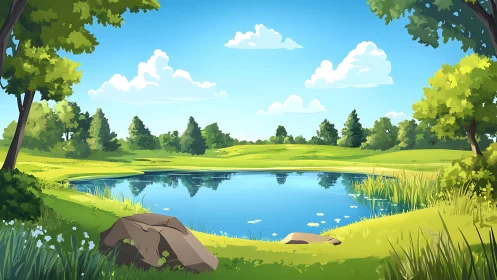 Sunlit pond mirrors summer clouds in gentle green valley.