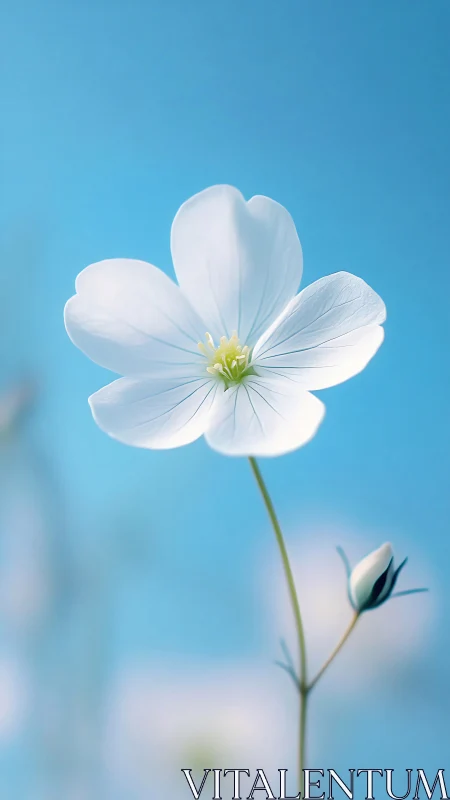 White wildflower close-up against clear blue sky background.