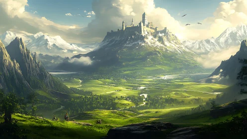 Sunlit valley kingdom crowned by a distant hilltop castle.