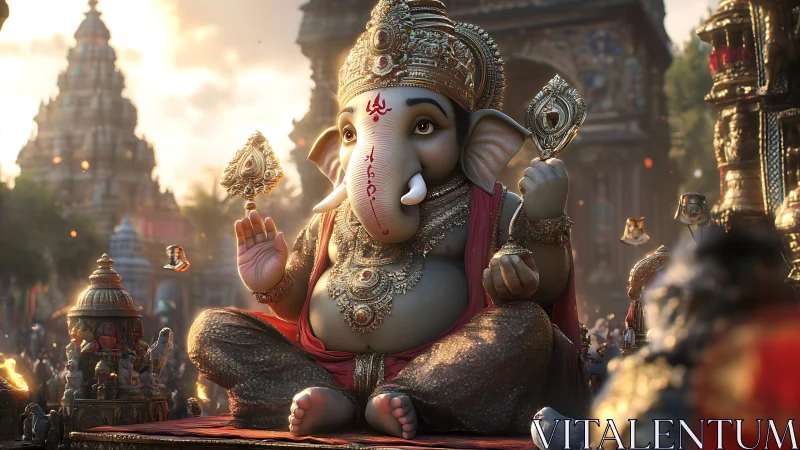 Gentle elephant deity in gilded temple glow at dusk.