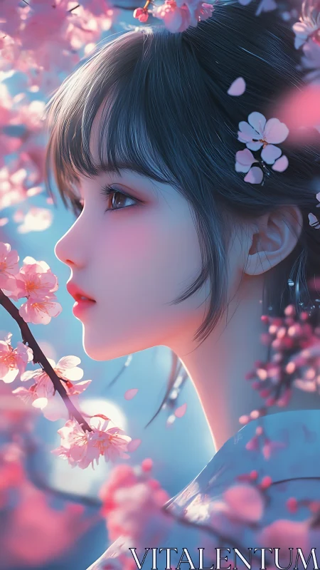 Profile portrait amid luminous pastel cherry blossoms.