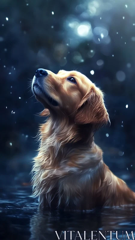 Luminous retriever portrait in rain with cinematic depth of field.
