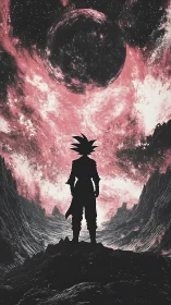 Silhouetted cosmic fighter under turbulent red nebular sphere.