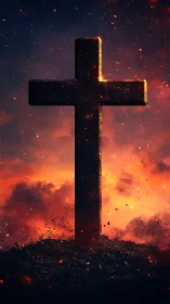 Burning sky frames a solitary cross in glowing embers.