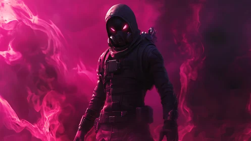 Hooded tactical operative in neon magenta toxic vapor field