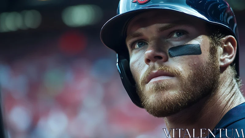 Baseball hitter studies field under stadium night lights.