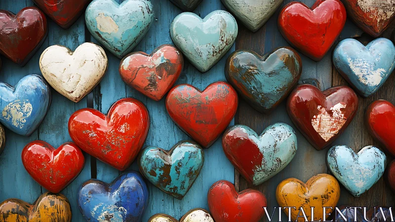 Weathered painted hearts on blue wooden background
