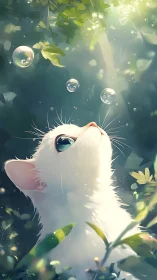 Luminous Reverie: White Cat Gazing Upward Among Floating Bubbles.