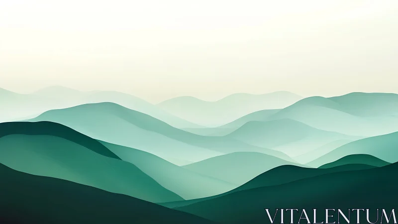 Layered abstract teal hills under pale gradient sky.