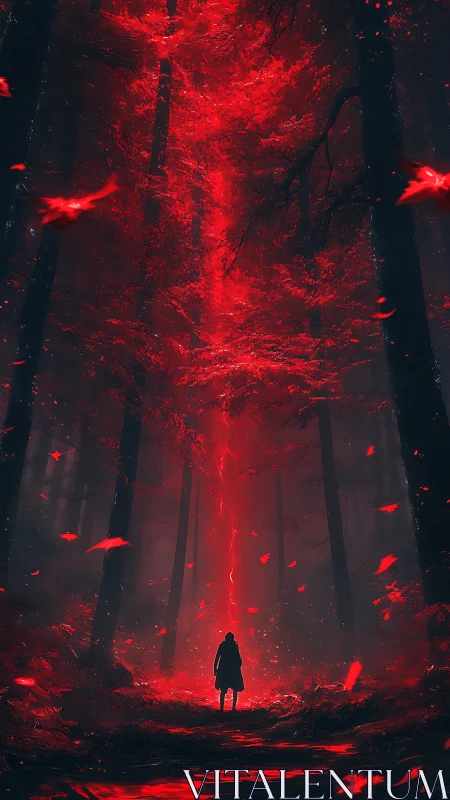 Lone figure confronts radiant red rift in spectral forest.