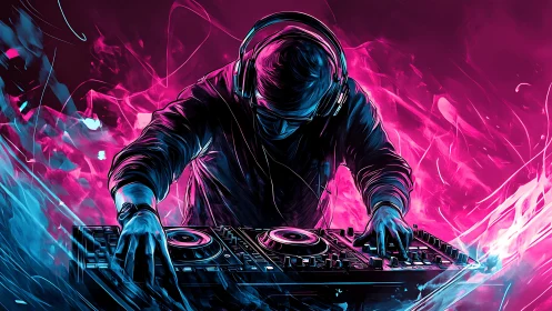 Neon-lit DJ in electric magenta and cyan soundstorm.