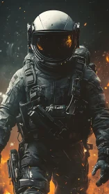 Armored astronaut soldier walking through burning sparks.