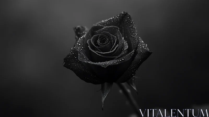 High-contrast monochrome macro of dew-covered black rose