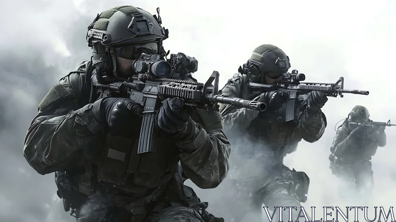 Soldiers move through smoke with rifles raised in formation