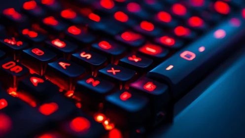 Cyberpunk backlit keyboard in shallow depth-of-field focus.