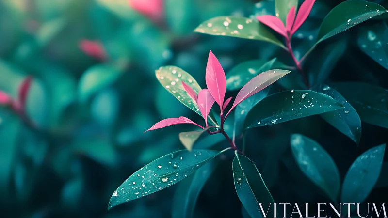 Pink-tipped foliage with raindrops in shallow focus field.