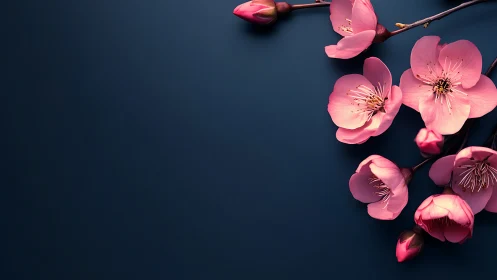 Pink Cherry Blossoms on Deep Blue Background.
