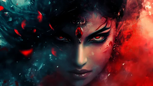Fierce red-eyed sorceress emerges from swirling fiery mist