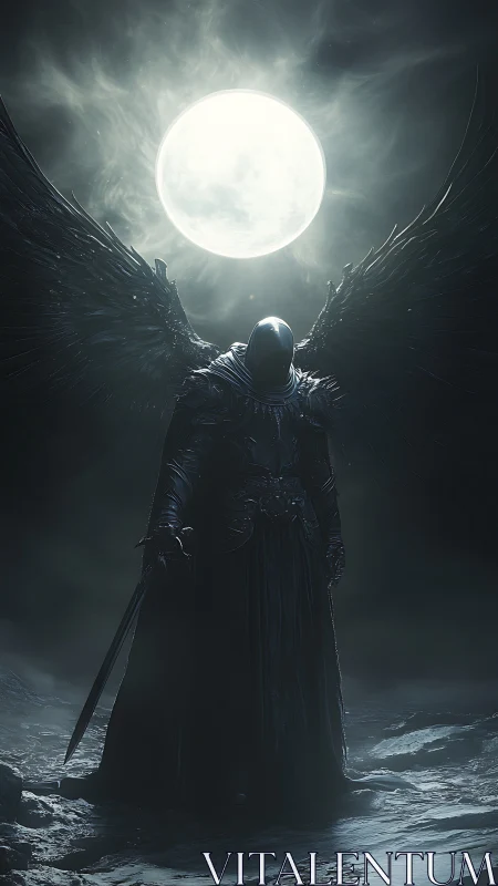 Dark winged knight stands beneath a blinding full moon.