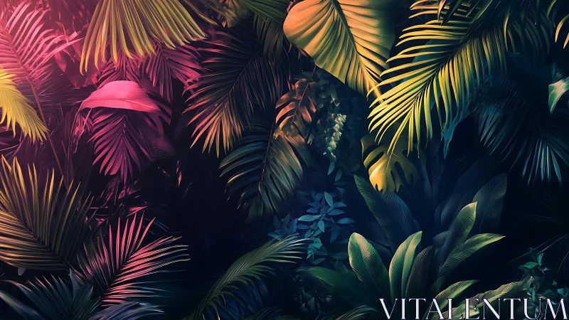 Colorful tropical foliage under dramatic neon lighting.