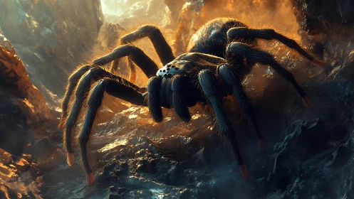 Giant tarantula stalks rocky canyon in molten backlight.