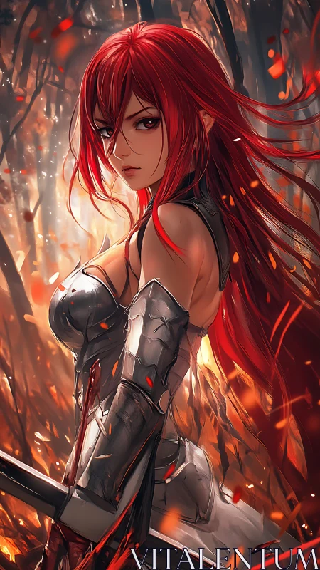 Armored red-haired swordswoman in ember-saturated battlefield.