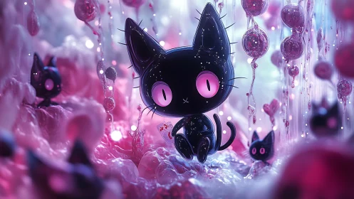 Black Cat with Glowing Eyes in Luminous Purple Crystal Environment