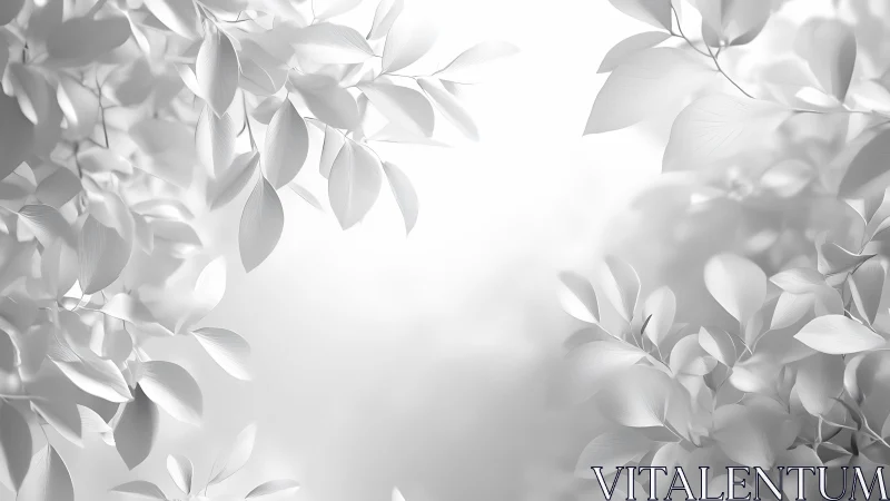 Minimalist white foliage frame with soft depth-of-field rendering.