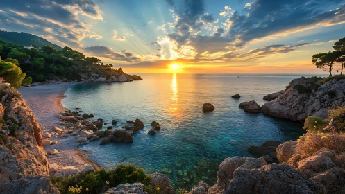 Rocky cove coastline at calm sunset with clear sea water.