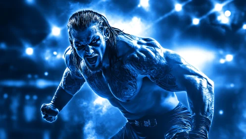 High-contrast blue-toned wrestler portrait with dramatic rim lighting
