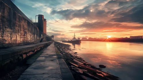Sunlit riverside walk welcomes a quiet harbor sunrise
