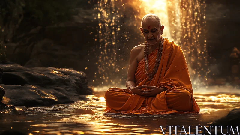 Monk in radiant waterfall backlight, meditative fluid optics.