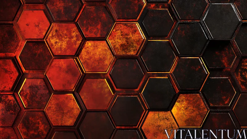 Fiery Hexagonal Grid Abstract Pattern with Metallic Texture.