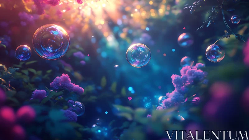 Iridescent soap bubbles drifting over soft garden blooms.