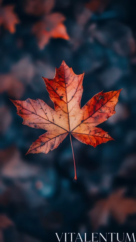 Single suspended maple leaf is recorded in sharp seasonal detail