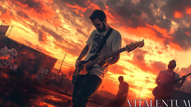 Cinematic rock band at sunset with dramatic color grading.