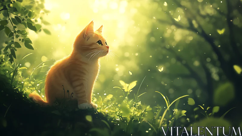 Ginger Cat in Sunlit Forest Clearing.