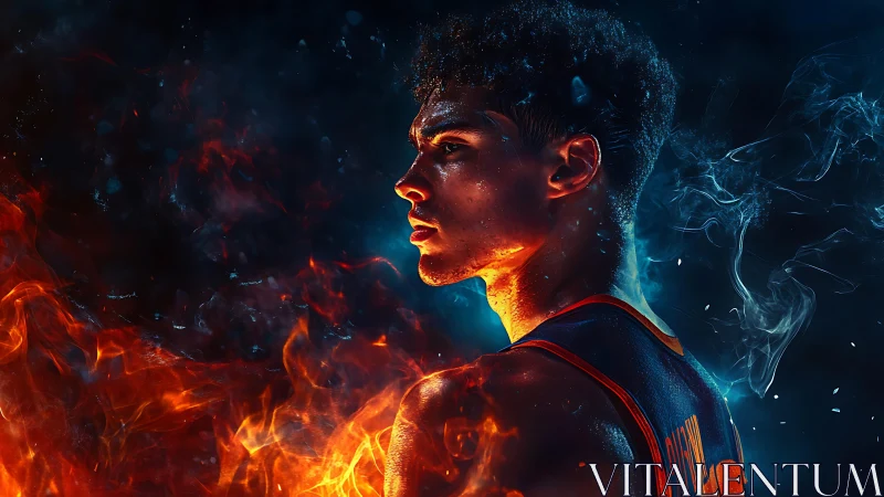 Intense basketball player portrait in flames and smoke.