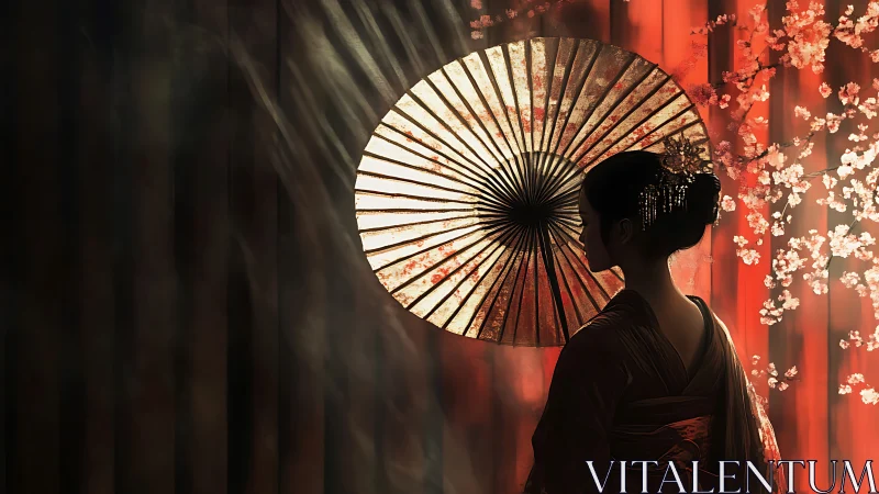 Soft lantern light and a quiet moment behind a parasol.