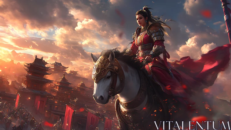 Warrior queen on armored steed over sunlit imperial citadel.