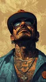 Tattooed man in sunglasses gazes upward in bold sunlight.